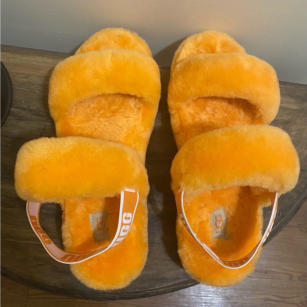 UGG fuzzy orange slippers/sandals size 10